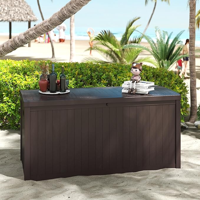 Outdoor Storage Box, 120 Gallon Deck Box Indoor and Outdoor Use, Waterproof Resin Storage Bin for Patio Cushions, Gardening Tools, Lockable, UV Resistant, Brown