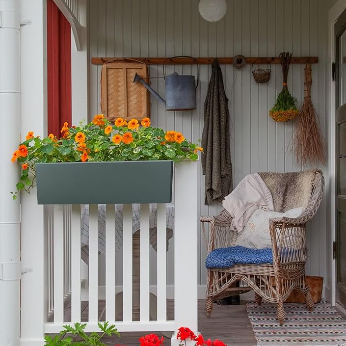 15 INCH Metal Railing Planter Boxes - Hanging Planter for Outdoor Balcony Fence, Durable All-Weather Use with Adjustable Brackets, Modern Décor for Flowers, Succulents, Hanging Plants, Grey