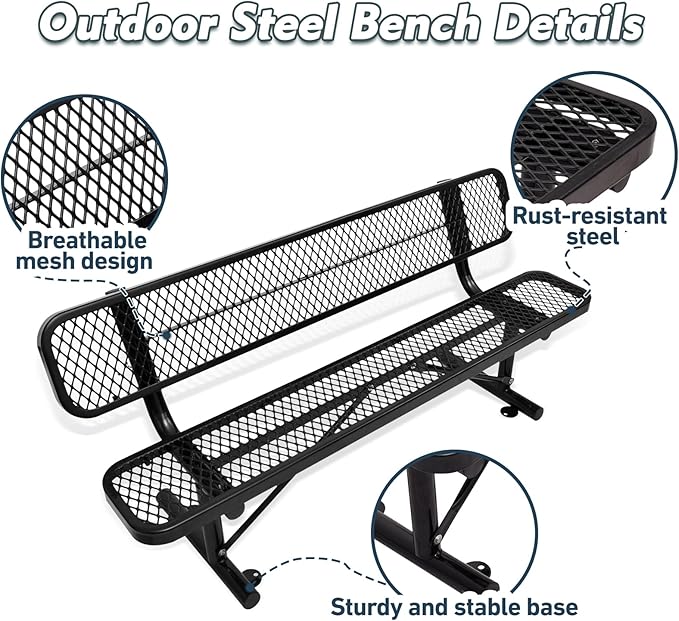 6FT Heavy Duty Park Bench with Back Portable Frame, Outdoor Metal Park Bench with Backrest, Steel Mesh Outdoor Bench for Garden, Lawn, Patio, Porch, Park, Yard (Black, 72.4" L x 23.2" W x 32.5" H)