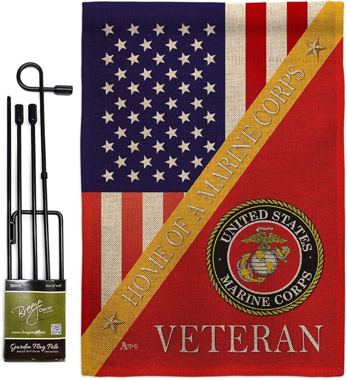Home of Marine Corps Burlap Garden Flag - Set with Stand Armed Forces USMC Semper Fi United State American Military Veteran Retire Official House Banner Cemetery Yard Rememberance Veterans Day Gifts