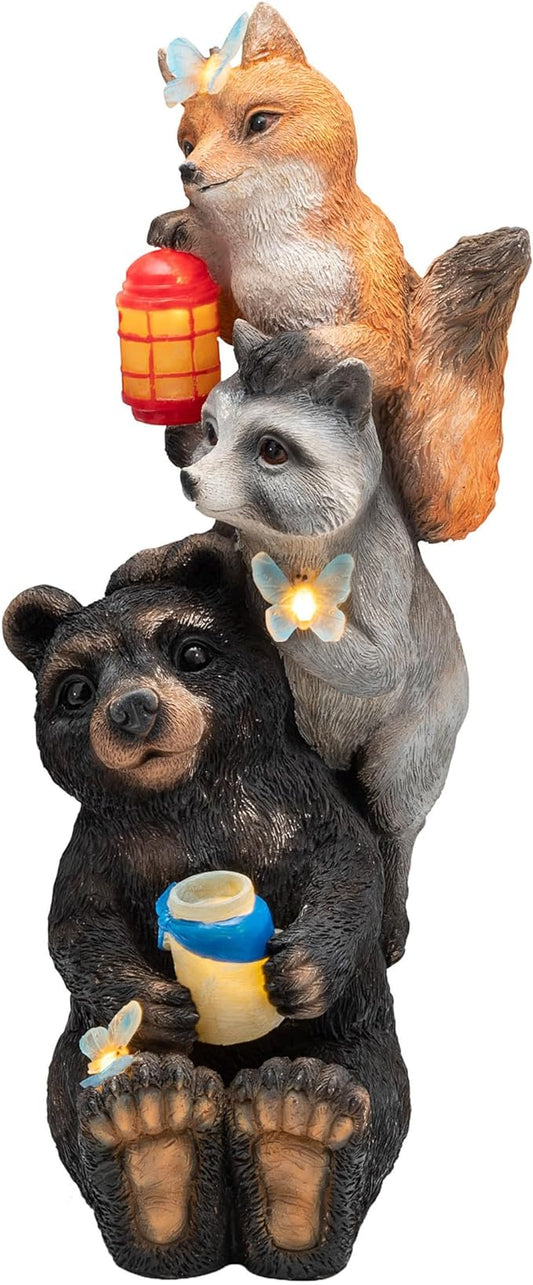 Alpine Corporation 19" Tall Outdoor Solar Powered Animal Friends Statue with LED Lights, Multicolor