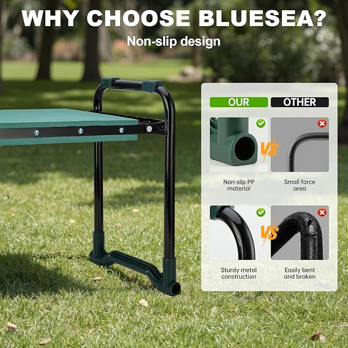 Bluesea Garden Kneeler and Seat - 2-in-1 Heavy Duty Garden Stool & Thick Kneeling Pad with Tool Pouch, Foldable Garden Bench for Planting, Weeding, Seniors, Women (350lbs Capacity)
