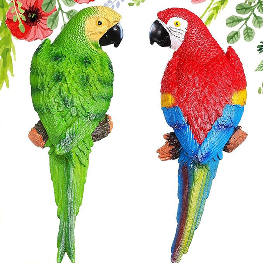 2 Pieces Parrot Decor Outdoor Tiki Bar Decorations Large Realistic Parrot Statues for Outside Lifelike Bird Sculptures Garden Patio Yard Lawn Figurines for Tropical Animal Tree Wall (Green, Red)