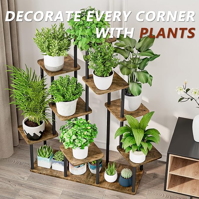 AZERPIAN Plant Stand 9 Tier Indoor Metal Flower Shelf for Multiple Plants Corner Tall Flower Holders for Patio Garden Living Room Balcony Bedroom, Black+Rustic Brown