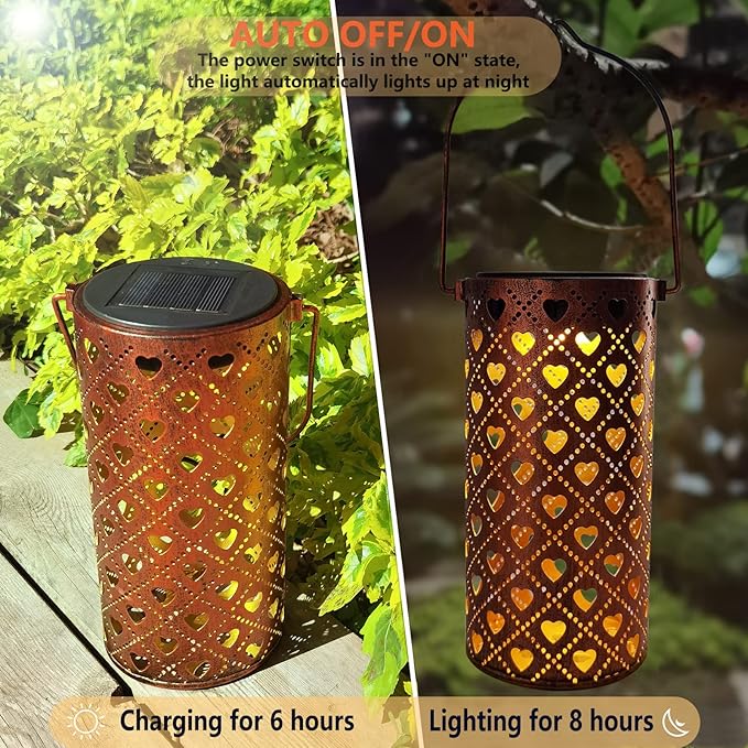 2 Pack Solar Lanterns Outdoor Hanging Heart Pattern Decor Lantern,Waterproof Hollow Out Metal Decorative Garden Light,Graceful Decoration for Patio,Yard,Landscape,Walkway,Festival
