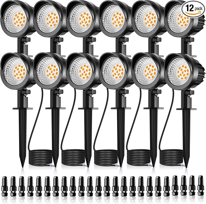 MEIKEE 7W LED Landscape Lights, 12V/24V Low Voltage Landscape Lighting with Connectors IP66 Outdoor Spotlights Warm White Garden Lights for Pathway Yard Patio 12-Pack