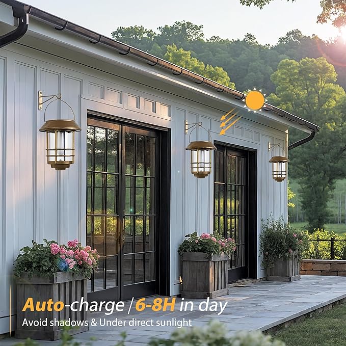 Otdair Solar Wall Lantern Outdoor, Flickering Flames Solar Sconce Lights Outdoor, Hanging Solar Lamps Wall Mount for Front Porch, Patio and Yard, 2 Pack, Yellow Bronze