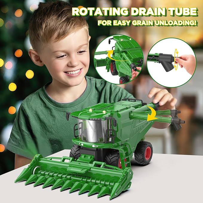 Remote Control Combine Harvester Tractor Toy with Corn Head, RC Tractor Toys for Kids 3+, Light/Spray/Sound/1/24 Scale, Farm Toy Combine Harvester for Kids, Christmas Birthday Gift 2025