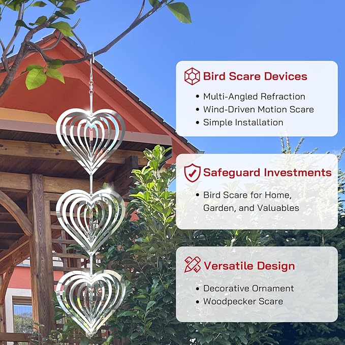 Bird Deterrents for Outside, Reflective 3D Stainless Steel Wind Spinners, Garden Decor, Bird Scare Devices to Keep Woodpeckers, Pigeons Away from Your House, Patio, Orchards