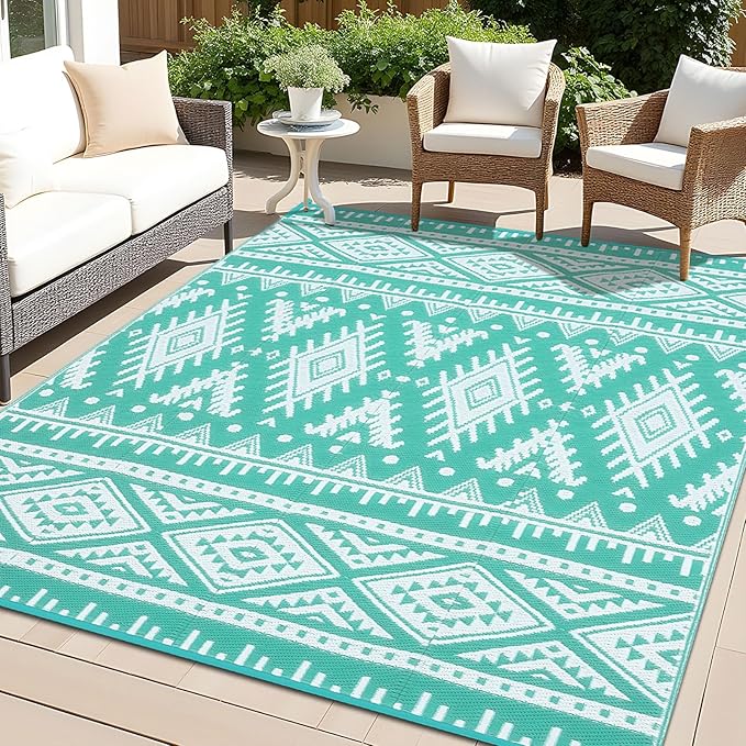 OLANLY Outdoor Rug Waterproof 9x18 ft, Reversible Outdoor Plastic Straw Rug, Boho Patio Rug, Indoor Outdoor Carpet, RV Mat Outside for Patio, Camp, Picnic, Balcony, Deck, Backyard, Turquoise & White
