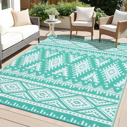 OLANLY Outdoor Rug Waterproof 9x18 ft, Reversible Outdoor Plastic Straw Rug, Boho Patio Rug, Indoor Outdoor Carpet, RV Mat Outside for Patio, Camp, Picnic, Balcony, Deck, Backyard, Turquoise & White