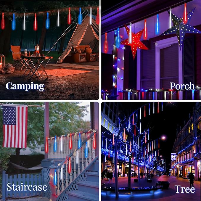 4th of July Decorations Outdoor, Red White and Blue Solar Meteor Shower Lights, 18 Tubes 432 LEDs 4th of July Lights Waterproof, Patriotic Lights String for Independence National Memorial Day Decor