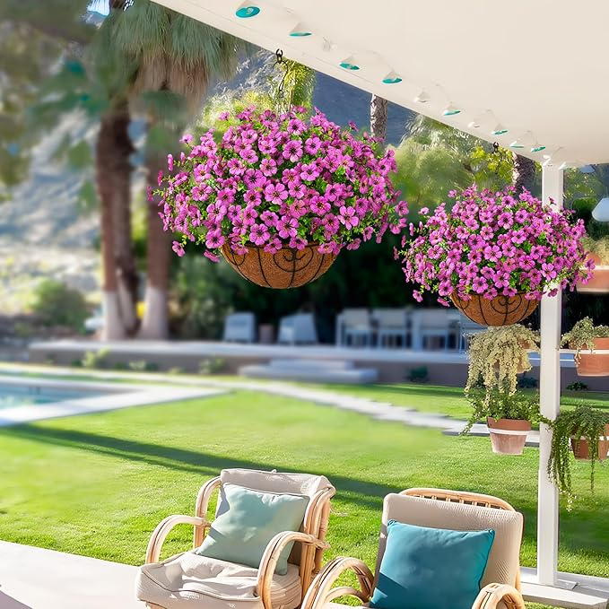 Artificial Faux Hanging Plants Flowers Basket Outdoor Porch Garden Spring Decoration, Fake Silk Daisy in Planter Realistic UV Resistant for Outside Home Patio Balcony Yard(Purple)