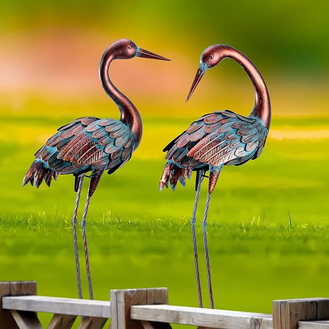 chisheen Crane Garden Statues Outdoor Yard Decorations Metal Heron Yard Art Bird Sculpture Decor for Outside Lawn Patio Large Size, for Women Mom,Set of 2
