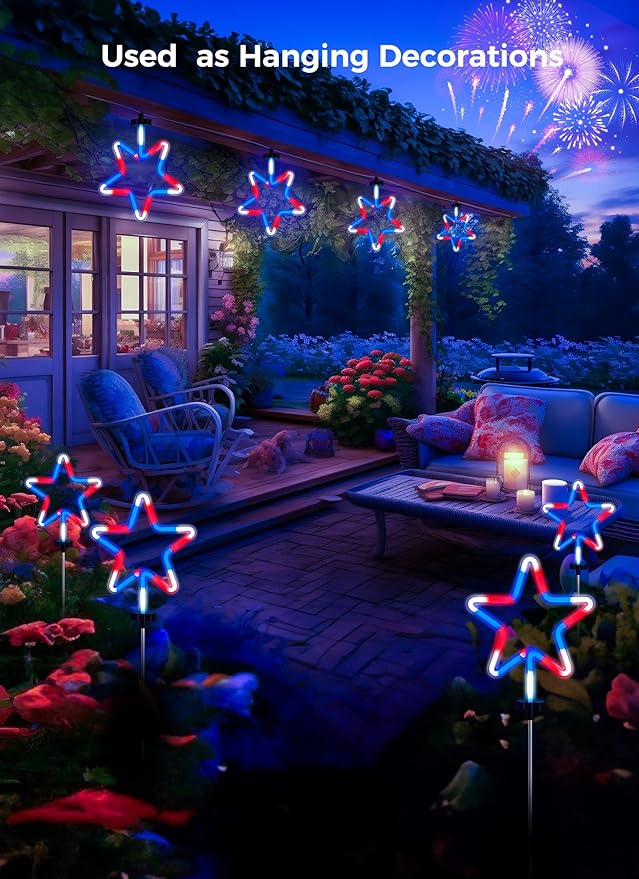 4th of July Decorations Outdoor Red White and Blue Lights, 4 Big Neon Star Pathway Lights Plug in for Independence Day Memorial Day Patriotic Decor Outside Garden Yard Lawn