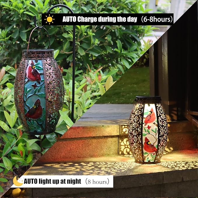 Outdoor Solar Lantern-Waterproof Hummingbird Hanging Metal Decorative Lights for Patio Table Garden Pathway Yard with Super Bright Warm White LED, Large Solar Panels, Auto On/Off Sensor