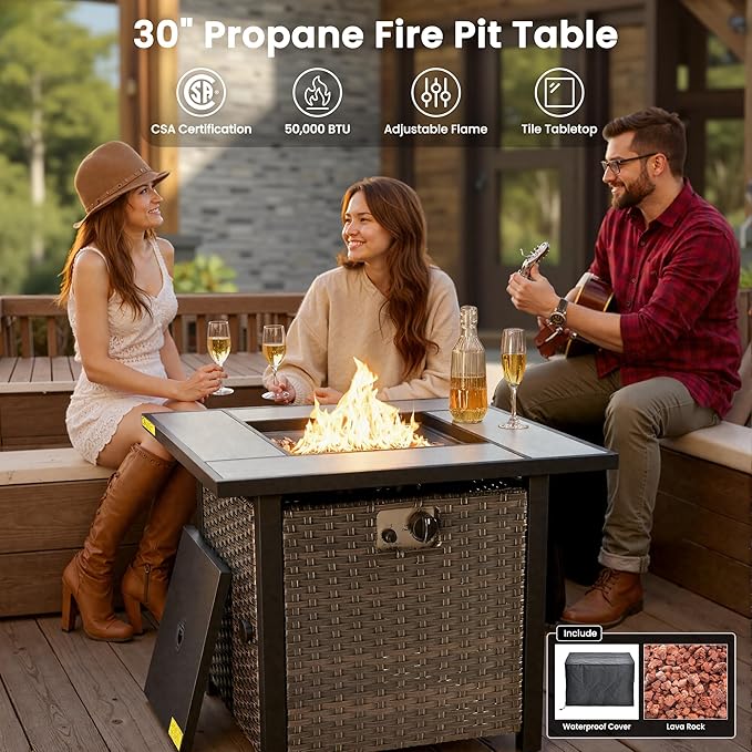 ovios 5 Pieces Patio Furniture Set with 30" Fire Pit Table, Outdoor Wicker Sofa with Loveseat, Comfy Cushions, High Back Couch Conversation Set, Brown Rattan, Orange Red