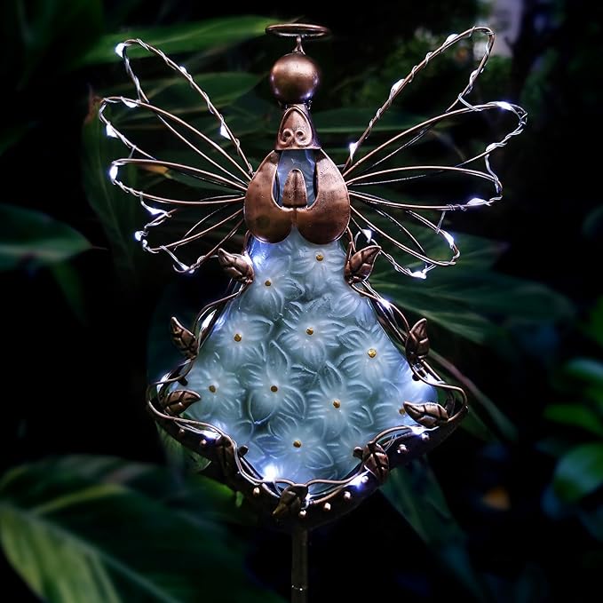 Angel Solar Lights Garden Stake Outdoor-38Inch Metal&Glass Solar Angel Stake Grave Decorations for Cemetery-Perfect as Angel Remembrance Gifts & Sympathy Gifts Decorations（Bronze）