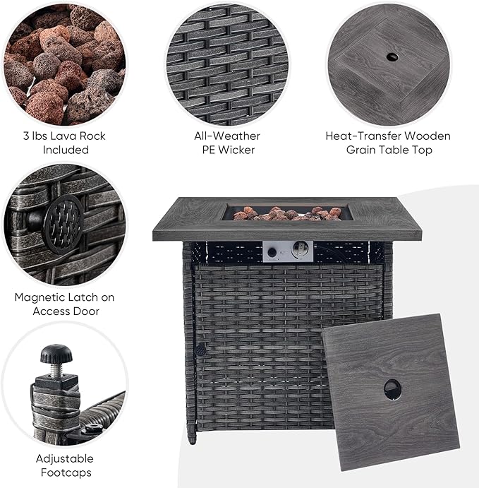 5 Pieces Patio Wicker Furniture Set - 4 Outdoor Swivel Rocker Glider Chairs with 50000BTU Propane Fire Pit Table, Warm Patio Conversation Set Red Cushion Perfect for Casual Gathering