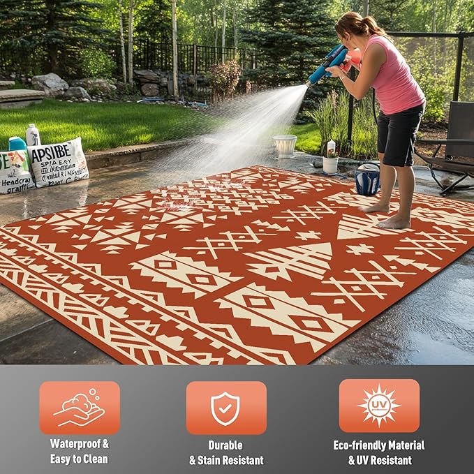 WILDROOTS 9x12 Feet Plastic Exotic Red Outdoor Rug, Stain Resistant Waterproof Reversible Outdoor Patio Rug, Fade Resistant Camping Rug