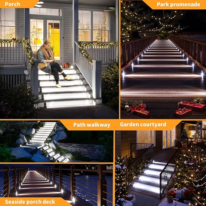 KINKAI 12 Pack Solar Stair Lights, Outdoor Step Light Waterproof Deck Lighting for Outside Garden Front Door Porch Yard Patio Decor (White Light)