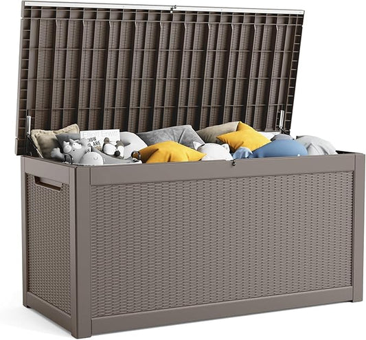 260 Gallon Resin Deck Box, Lockable Patio Outdoor Storage Box for Furniture, Garden Tools and Tools Storage, Waterproof Outside Storage Boxes - Grey