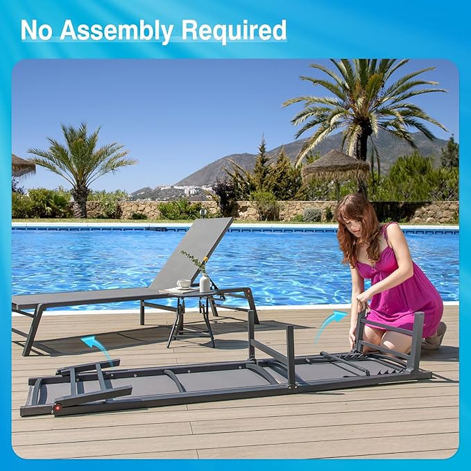 Aluminum Chaise Lounge Chair Outdoor, Foldable Patio Lounge Chair 2 Sets with Table Assemble-Free, Pool Lounge Chairs with 5 Adjustable Backrest, Outdoor Lounge Chairs for Outside Poolside Beige