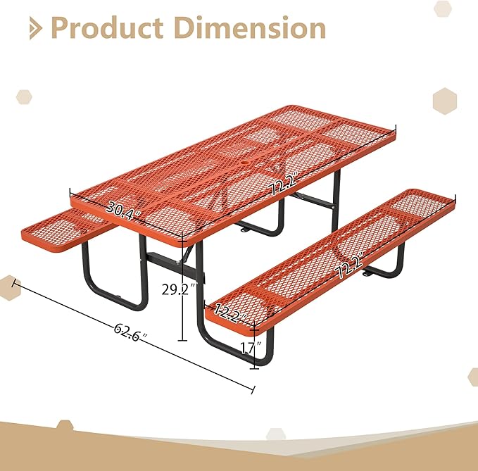 72'' Steel Rectangular Picnic Table for Outdoors, Expanded, Lifetime Picnic Table with Umbrella Hole, Heavy Duty Sturdy Commercial Picnic Tables for Garden Courtyard BBQ, Orange