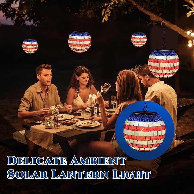 American Flag Solar Hanging Lanterns Outdoor Waterproof Glass Mosaic Gazing Ball Globe Hanging Lantern Lights for Patio Garden Yard Home Decor (Red)