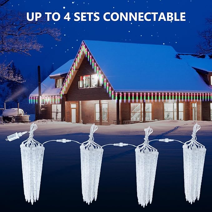 Icicle Lights Outdoor, 10 Ft Meteor Shower Lights with 10 Ice Shaped Tube, Snowfall Shooting Star Light Effect, Falling Crystal Christmas Decorations for House Eave Roofline Patio, Multicolor