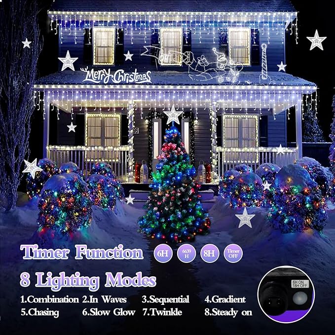 1600 LED 164FT Outdoor Christmas Lights Plug in 8 Modes with Timer Dimmable Christmas Decorations Waterproof Indoor Curtain String Lights for Roof Porch Garden Holiday Wedding Party Decor Cool White