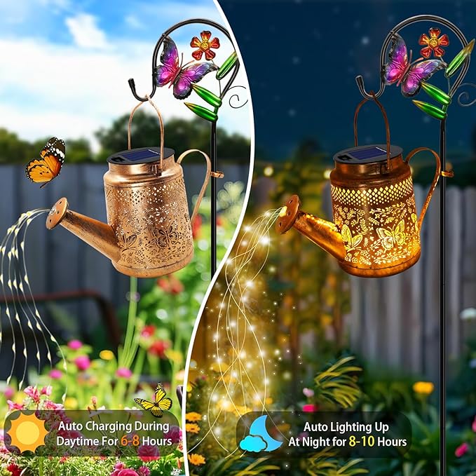 Solar Powered Butterfly Watering Can Lights Waterproof Outdoor Garden Decor with Shepherd Hook Hanging Patio Lights for Yard, Porch, Backyard Perfect Gardening & Birthday Gift for Women, Mom, Grandma