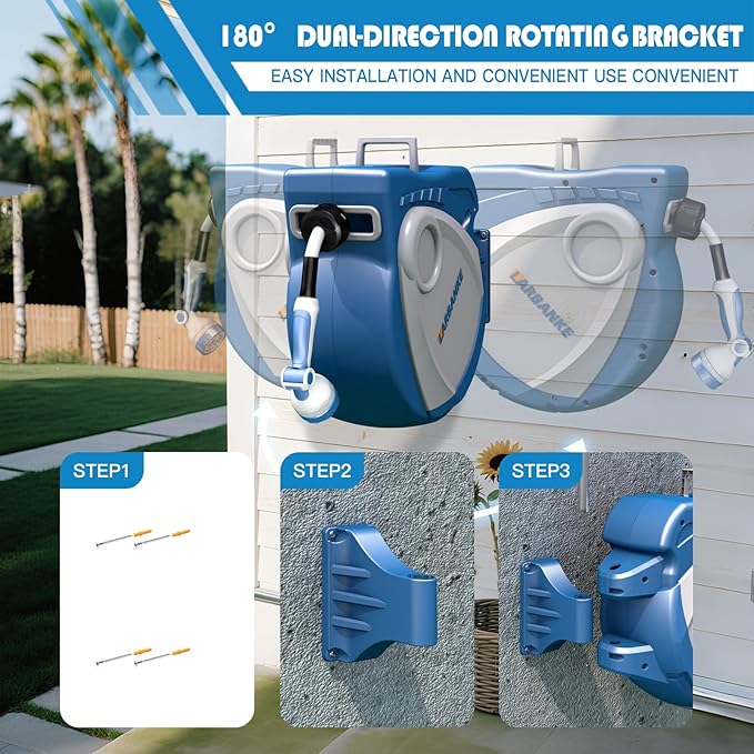 1/2 in × 100 ft Garden Hose Reel,Wall-Mounted Hose Reel with Bottom Drain,180° Rotating Bracket,with 10-Function Sprayer Nozzle,Lockable at Any Length,Equipped with Waterproof Bag(Blue)