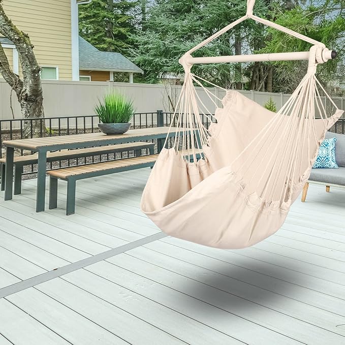 Highwild Hanging Rope Hammock Chair Swing Seat for Any Indoor or Outdoor Spaces - 500 lbs Weight Capacity (Beige)