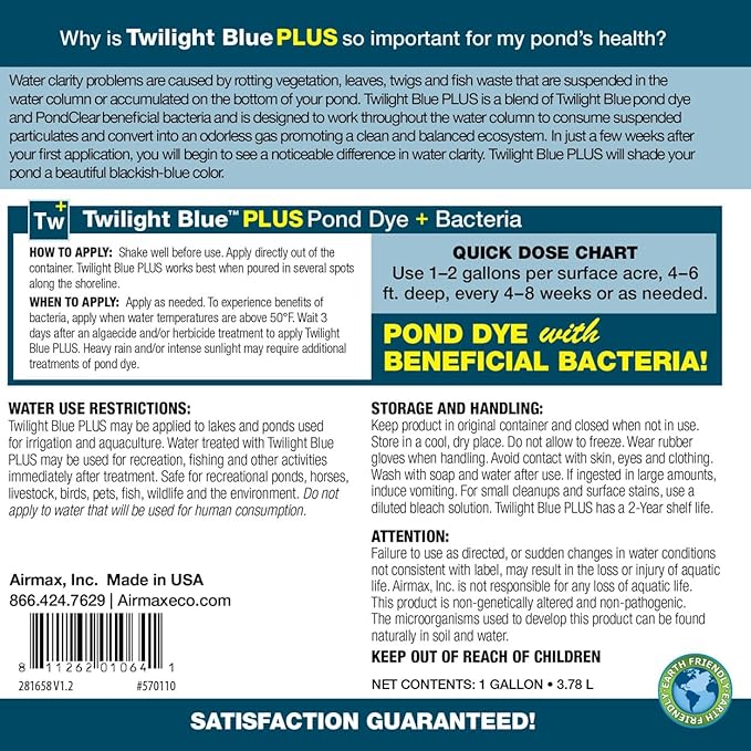 Airmax Pond Dye Plus, Twilight Blue Colorant & Natural Beneficial Bacteria, Large Pond & Lake Water Clarifier & Color Treatment, Shade Plants & Algae from Sunlight, Fish & Livestock Safe, 1 Gallon