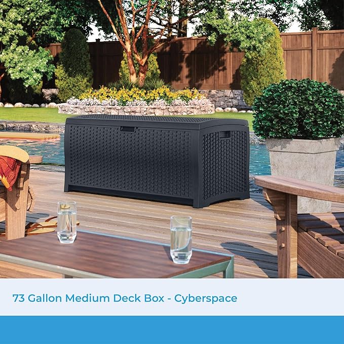Suncast 73 Gallon Medium Resin Wicker Indoor/Outdoor Storage Box for Garden Tools, Pool Accessories, and Patio Cushions, Cyberspace