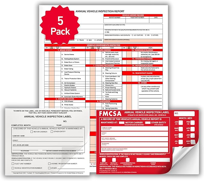 5 Pack 3-Ply Carbonless Annual Vehicle Inspection Report Forms with FMCSA Red Aluminum Labels & White Mylar Laminate Vinyl Labels, DOT Inspection Forms and Stickers, Shrink-Wrapped, 8.5" x 11.75"
