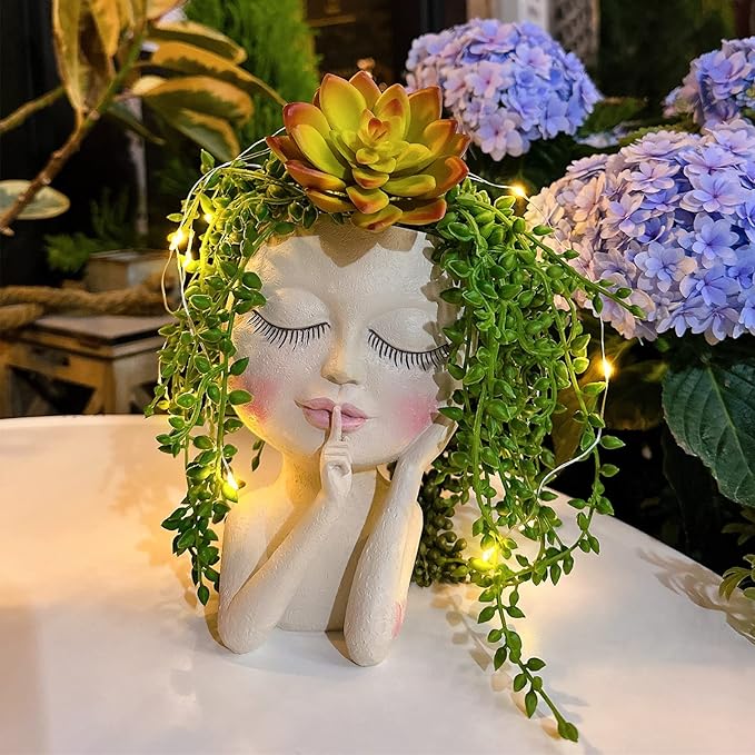 Solar Face Flower Pot,Head Planter Pot,with Led String Lights Succulent Planter Light,Warterproof Resin Cactus Planters,Cute Closed Eyes Lady Face Planter,for Indoor Outdoor Plant Garden Decor (Large)