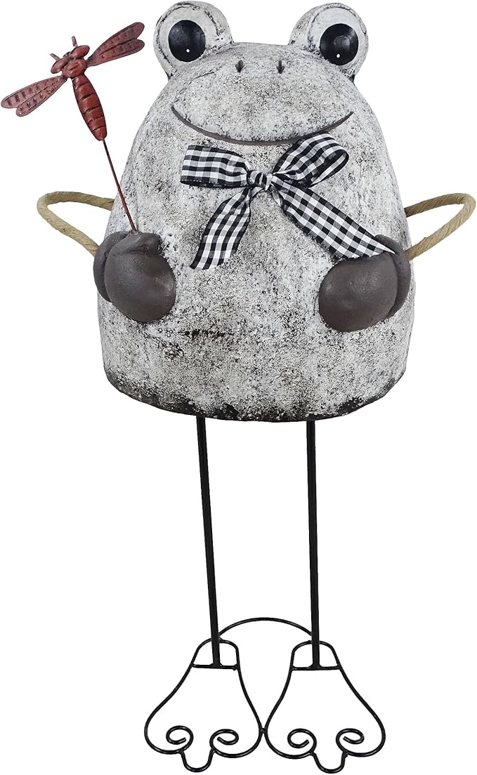 Alpine Corporation MCC862 Indoor/Outdoor Frog with Dragonfly Garden Statue, Stone Finish Frog Statue for Yard, 24" H, Silver