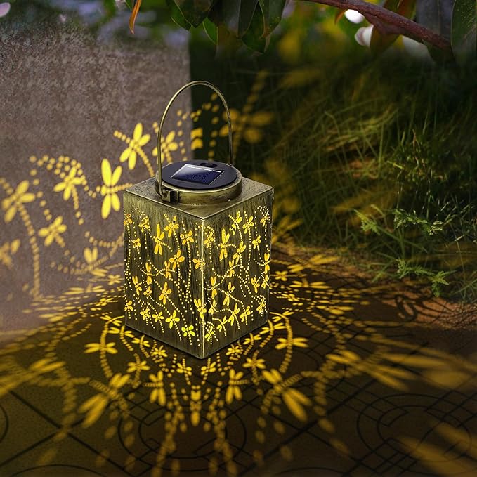 2 Pack Solar Lanterns Outdoor Waterproof - Metal Solar Garden Lights for Patio Porch Yard Garden Decor, Christmas Birthday Gifts for Women Mom Men (Dragonfly)