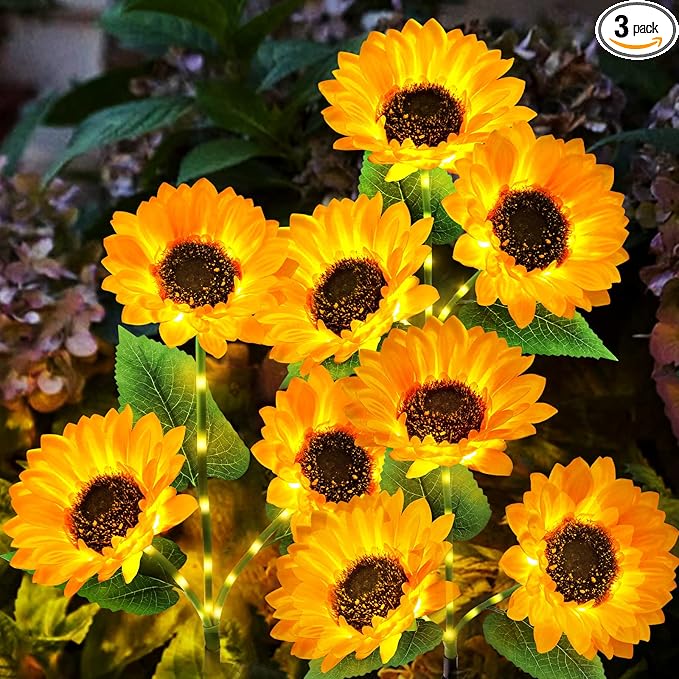KOOPER Solar Lights Outdoor Garden Decor - Upgraded 3 Pack with 9 Sunflower Lights, Waterproof Solar Outdoor Lights Auto ON/Off Solar Decorative Lights for Garden, Patio, Backyard