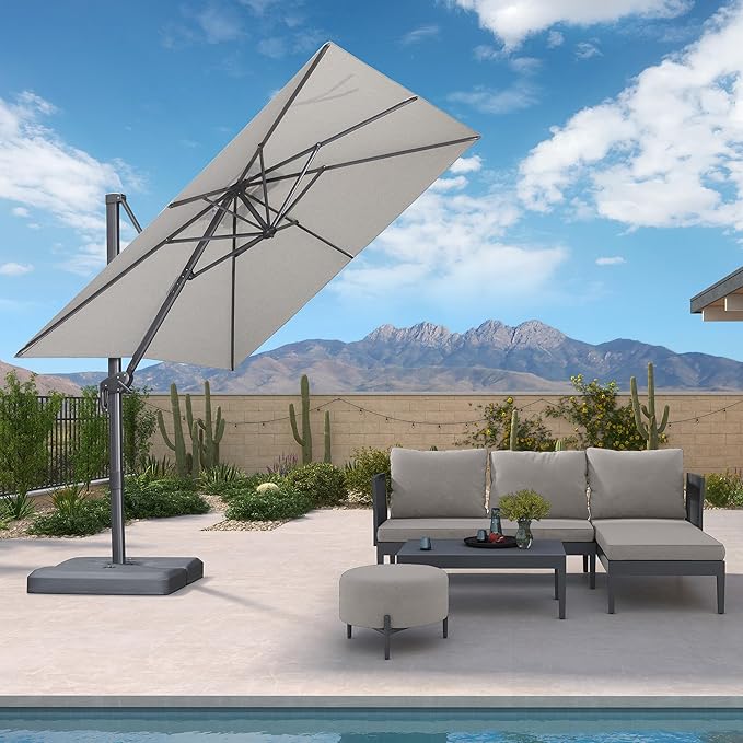 PURPLE LEAF 8 FT Cantilever Patio Umbrella Outdoor Aluminum Offset Square Umbrella with 3 Years Fade Resistance Recycled Fabric and 360-degree Rotation for Deck Pool Garden, Pebble Grey