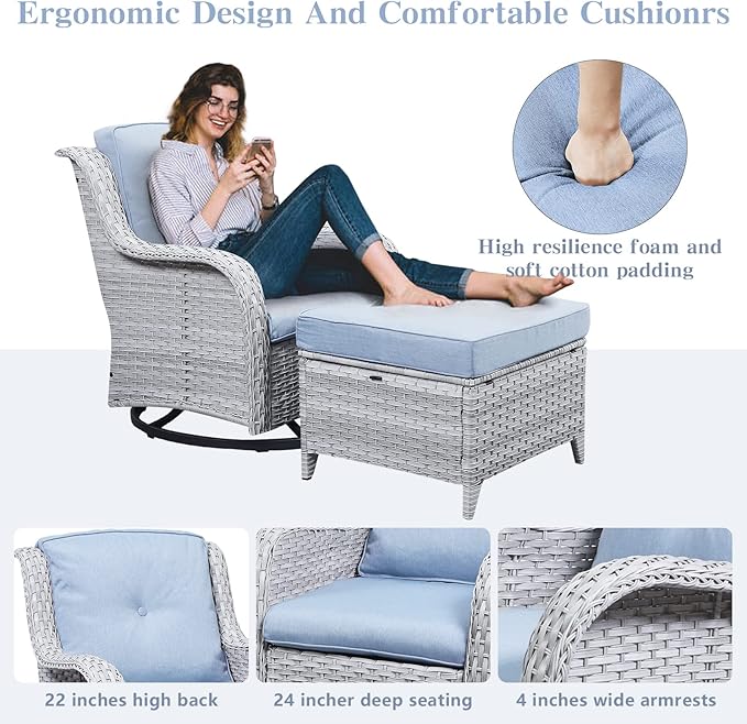 5 Piece Outdoor Patio Furniture Set - Wicker Furniture Patio Conversation Set, Outdoor Swivel Rocker Chairs with 3-Seater Sofa and 2 Ottomans for Small Space, Baby Blue Cushion
