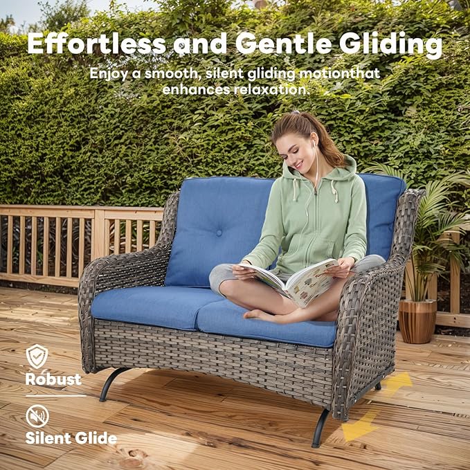 8 Piece Outdoor Patio Furniture Set - 41" CSA Propane Fire Pit Table Patio Conversation Set with Swivel Rocker Outdoor Chairs, Wicker loveseat and Ottoman for Outside Casual Gathering