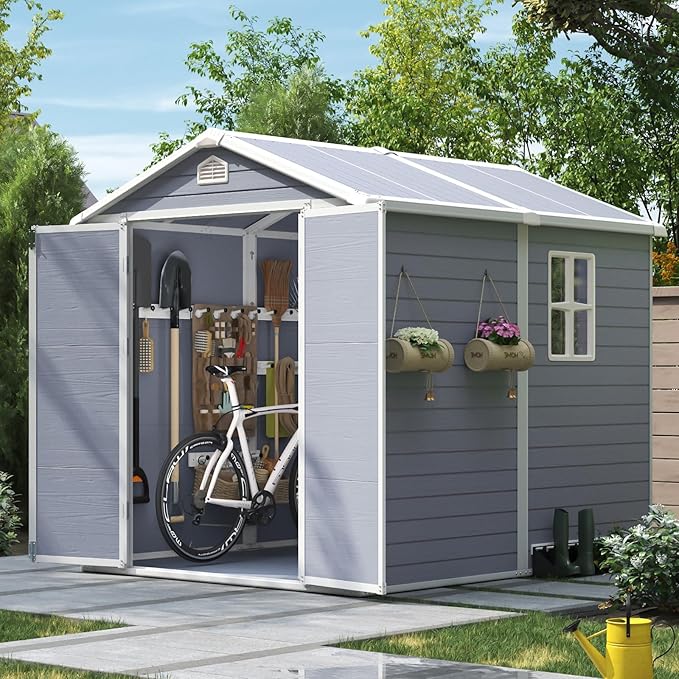 Aoxun 6X8 FT Resin Outdoor Storage Shed with Floor, Plastic Garden Shed with Lockable Door and Window, Tools House to Store Patio Furniture, Bike Accessories, Garbage Can and Lawn Mower - Grey