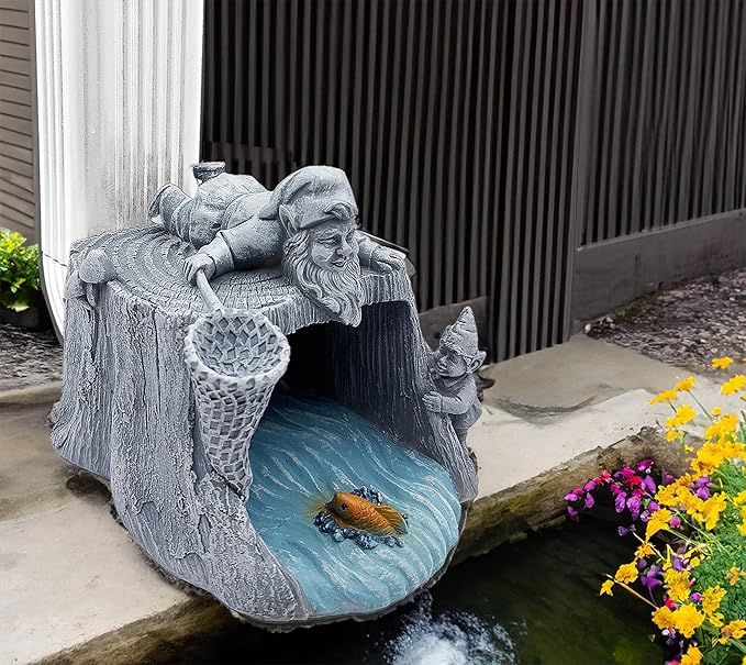 Gnome Fishing 3"x4" Gutter Downspout Splash Block Decor, Garden Outdoor Animal Resin Statue & Sculpture, Gutter Diverter Rain, Decorative Gutter Extension Downspout, Eco-Friendly
