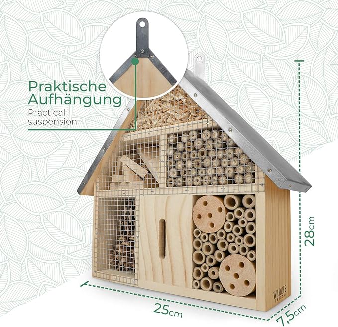 Insect Hotel - Pollinator House and Bug Condo for a Snug Home Outdoors - Garden Habitat for Bees, Ladybugs, and Butterflies - Natural Wood and Metal Construction - 10 x 3X 11 inches