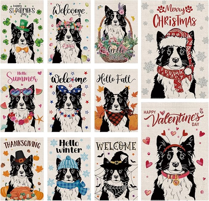 Seasonal Garden Flags Border Collie Double Sided Flags Set of 11 Holiday Farmhouse Indoor Outdoor Yard Lawn Christmas Gifts Decorations 12.5x18 Inch