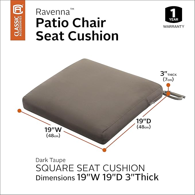 Classic Accessories Ravenna Water-Resistant 19 x 19 x 3 Inch Patio Seat Cushion, Dark Taupe, Chair Seat Cushion