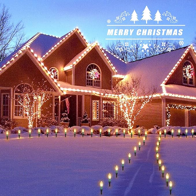 Brightown 4 Pack C9 Christmas Pathway Lights Outdoor - Total 102.8 FT Walkway Lights with 80 Clear Bulbs, Connectable Christmas Stake Lights, Outdoor Christmas Decoration for Lawn Holiday, Warm White